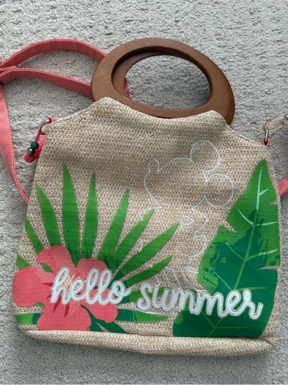 Disney Mickey Mouse Straw Tote/Crossbody Bag with Peachy Pink Strap